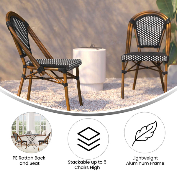 Black & White/Natural Frame |#| 2 Pack All-Weather Commercial Paris Chairs with Bamboo Print Frame-Black/White