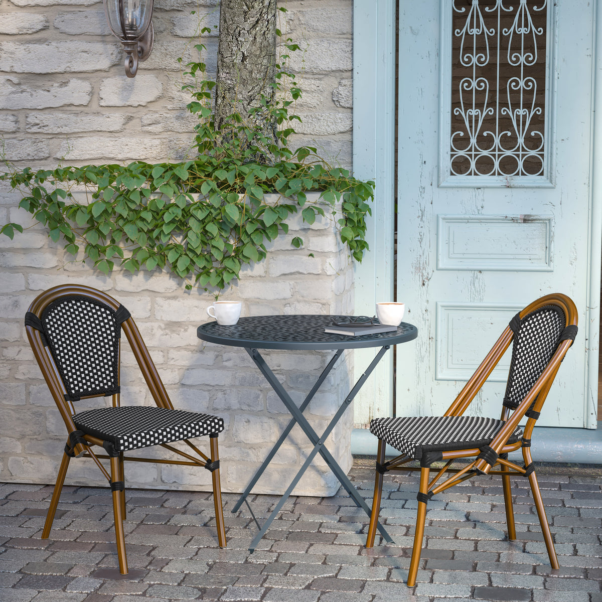 Black & White/Natural Frame |#| 2 Pack All-Weather Commercial Paris Chairs with Bamboo Print Frame-Black/White