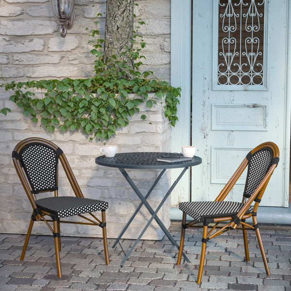 Black & White/Natural Frame |#| 2 Pack All-Weather Commercial Paris Chairs with Bamboo Print Frame-Black/White