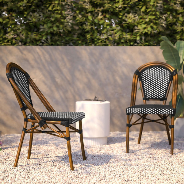Black & White/Natural Frame |#| 2 Pack All-Weather Commercial Paris Chairs with Bamboo Print Frame-Black/White