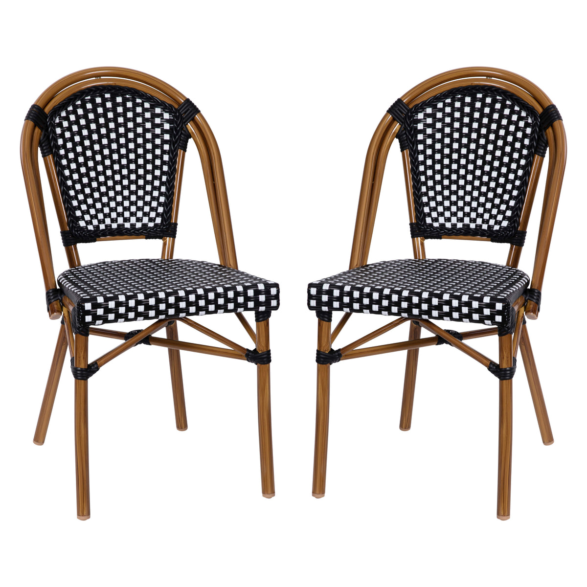 Black & White/Natural Frame |#| 2 Pack All-Weather Commercial Paris Chairs with Bamboo Print Frame-Black/White