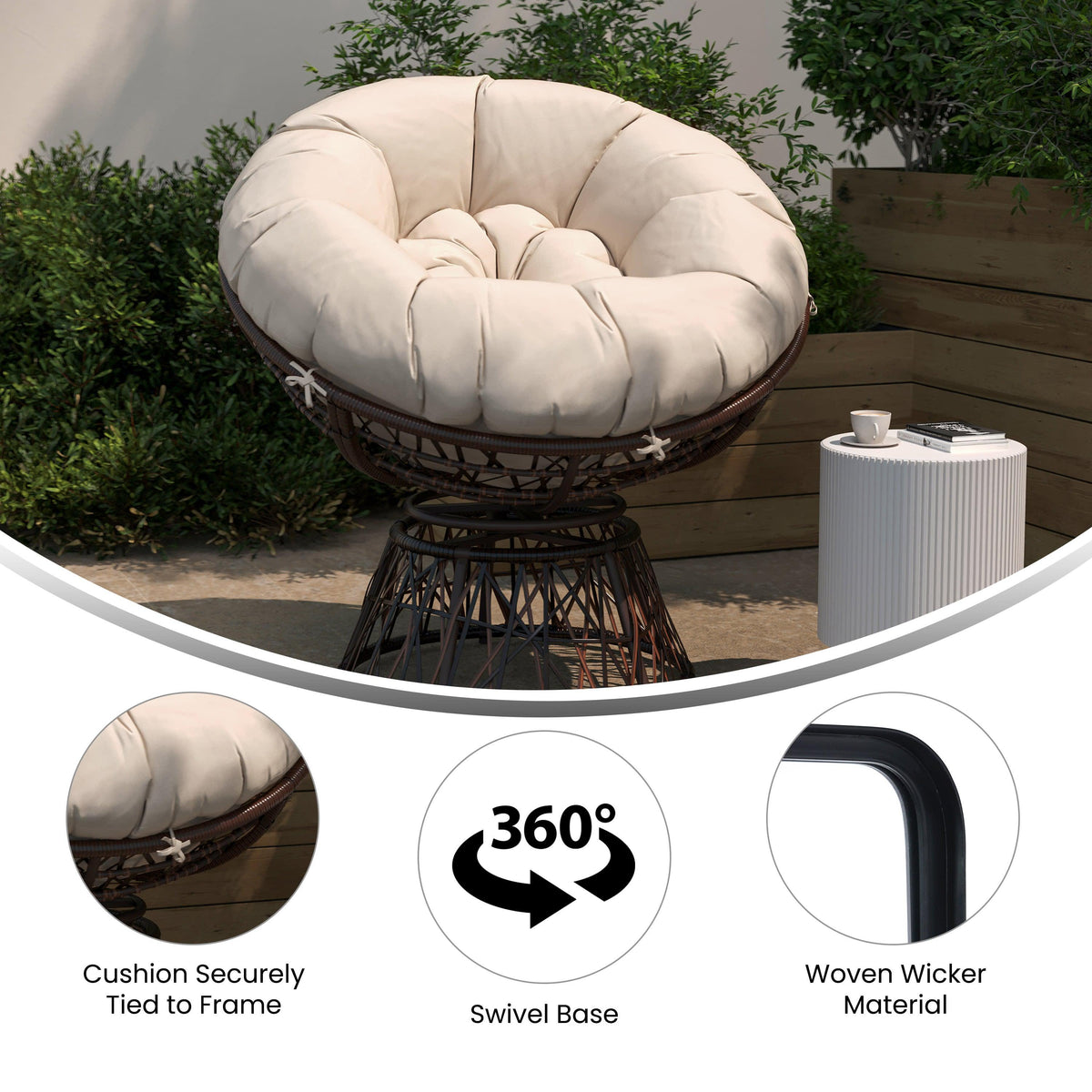 Beige Cushion/Brown Frame |#| Brown Swivel Patio Papasan Lounge Chair with Beige Cushion - Accent Chair