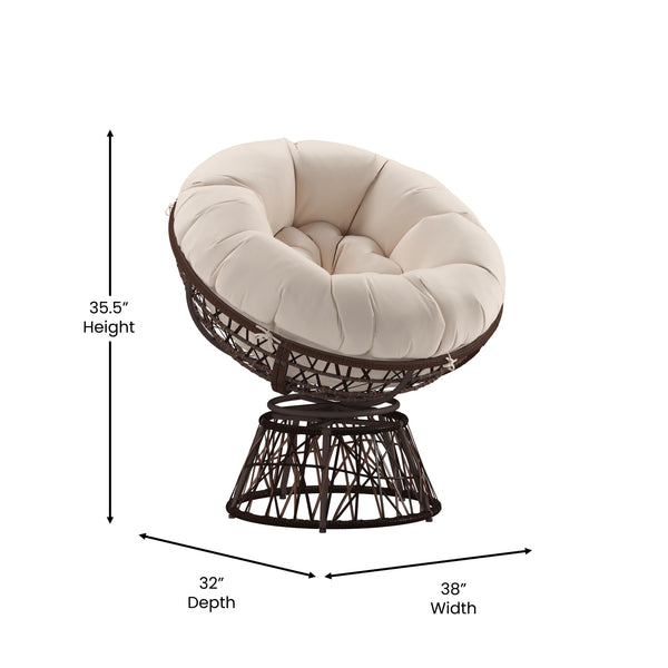 Beige Cushion/Brown Frame |#| Brown Swivel Patio Papasan Lounge Chair with Beige Cushion - Accent Chair