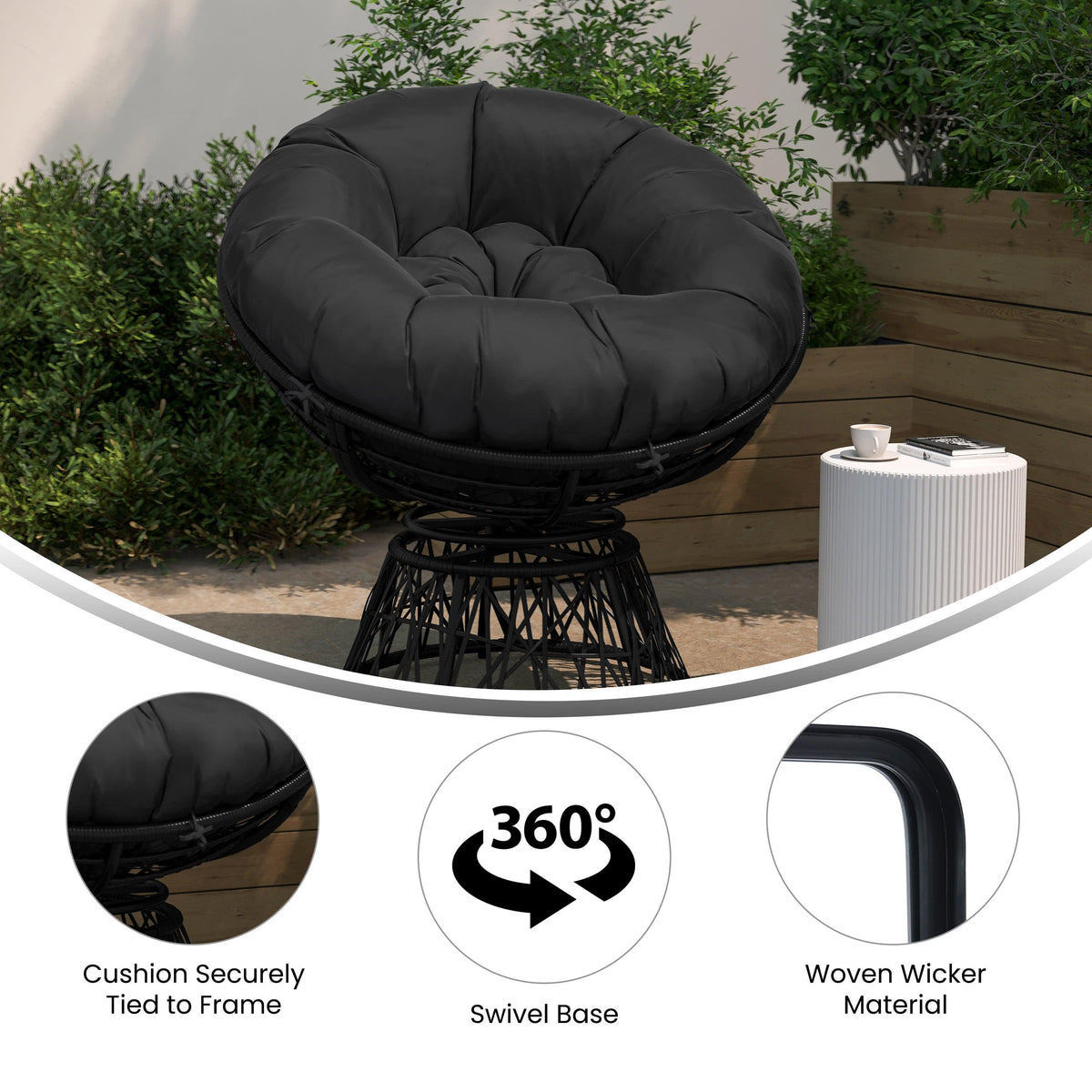 Black Cushion/Black Frame |#| Black Swivel Patio Papasan Lounge Chair with Black Cushion - Accent Chair