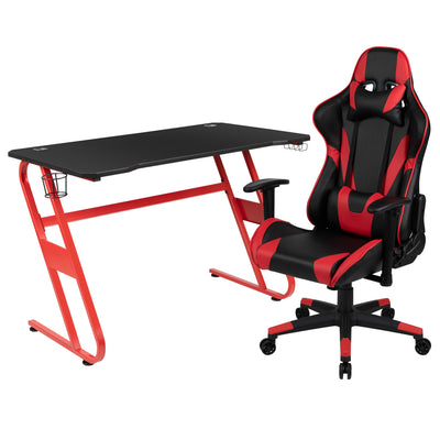 Bravo Gaming Desk & Chair Set: High Back Gaming Chair with Lumbar Support & Adjustable Arms; Desk with Cupholder/Headphone Hook