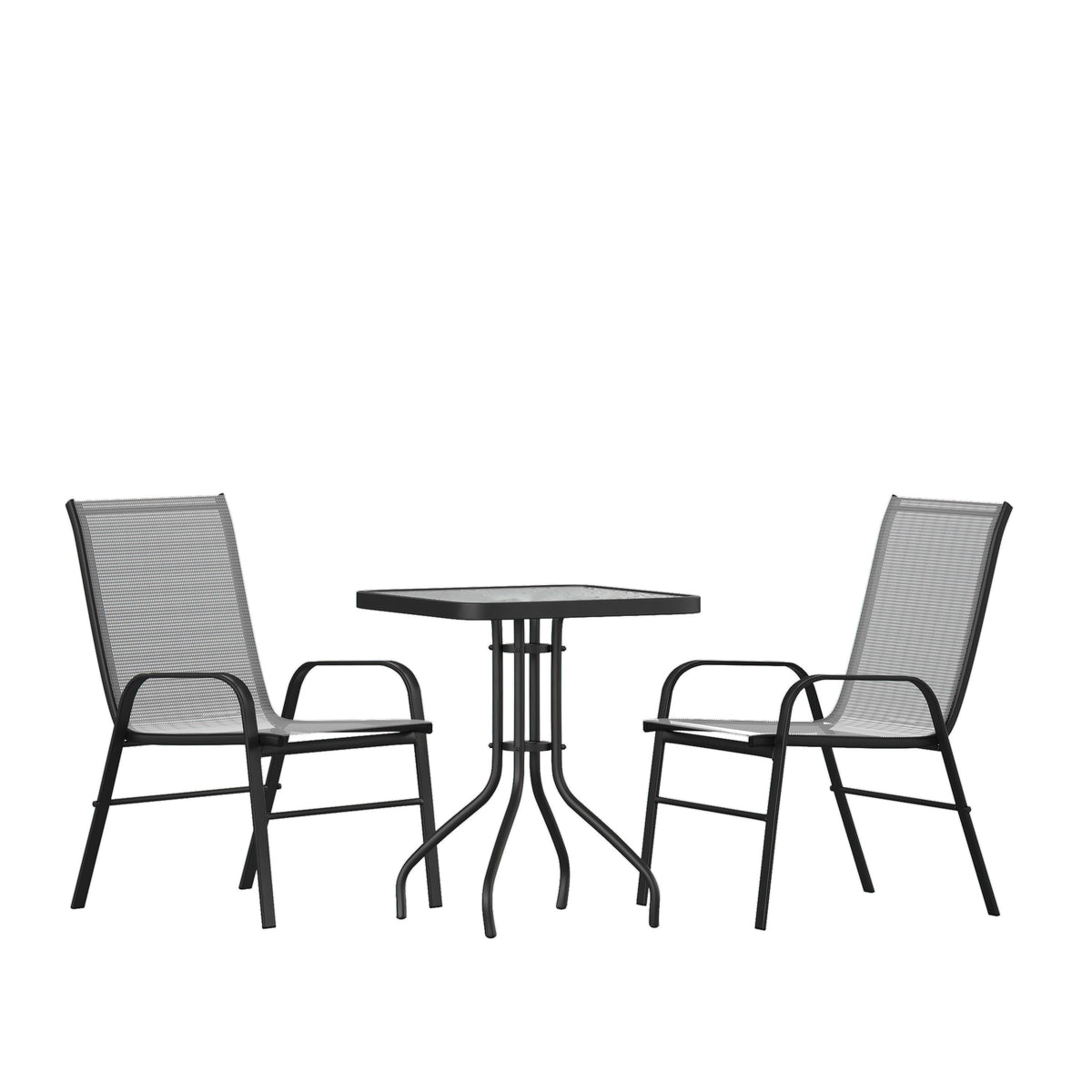 Gray |#| 3 Piece Patio Dining Set - 23.5inch Square Glass Table, 2 Gray Flex Stack Chairs