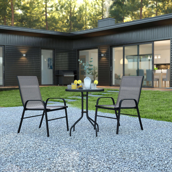 Gray |#| 3 Piece Patio Dining Set - 23.75inch Round Glass Table, 2 Gray Flex Stack Chairs