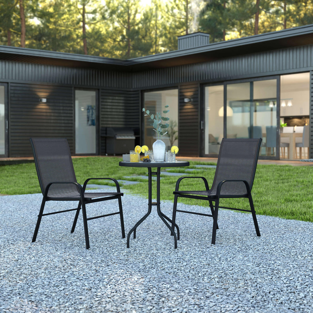 Black |#| 3 Piece Patio Dining Set - 23.75inch Round Glass Table, 2 Black Flex Stack Chairs