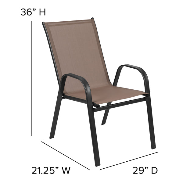 Brown |#| 3 Piece Patio Dining Set - 23.5inch Square Glass Table, 2 Brown Flex Stack Chairs