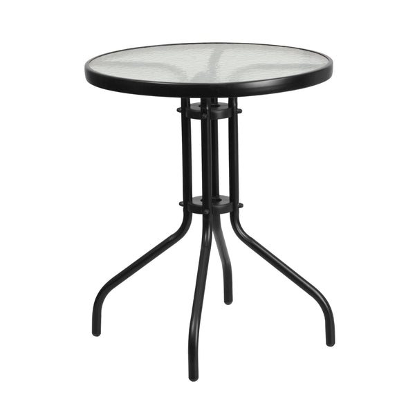 Black |#| 3 Piece Patio Dining Set - 23.75inch Round Glass Table, 2 Black Flex Stack Chairs