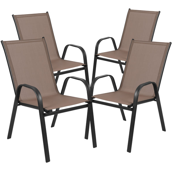 Brown |#| 3 Piece Patio Dining Set - 23.75inch Round Glass Table, 2 Brown Flex Stack Chairs