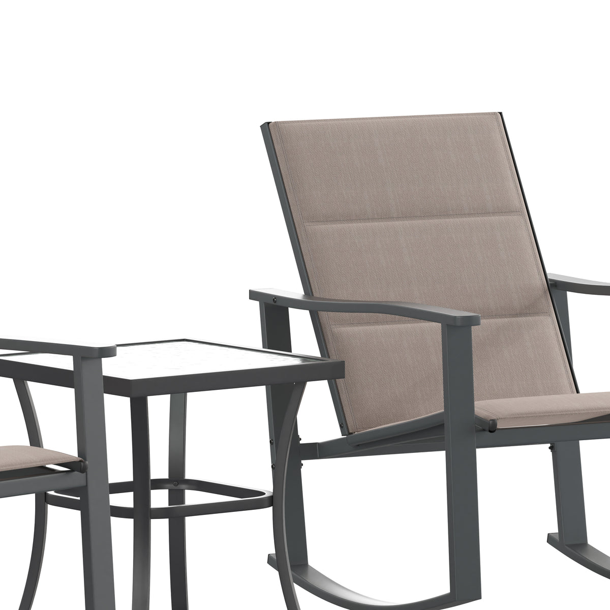 Brown |#| 3 Piece All-Weather Rocking Chairs and Glass Top Table Bistro Set - Brown/Black