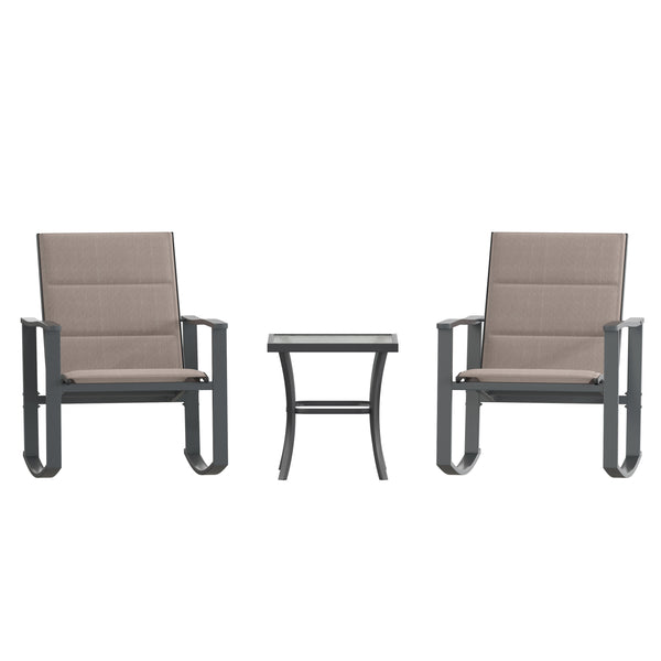 Brown |#| 3 Piece All-Weather Rocking Chairs and Glass Top Table Bistro Set - Brown/Black