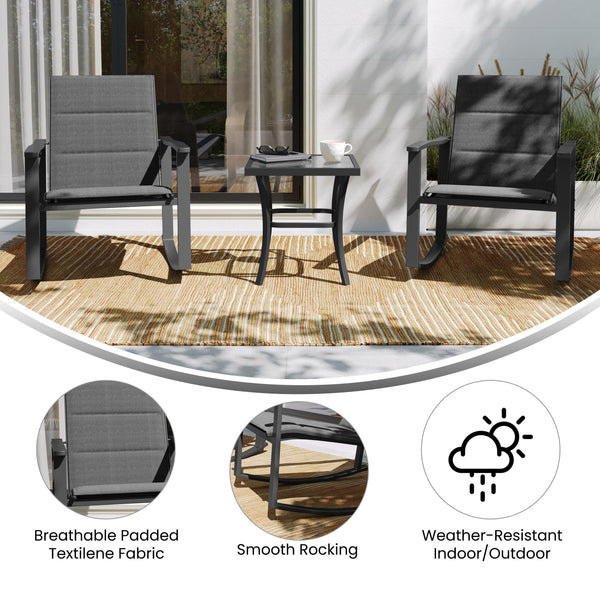 Black |#| 3 Piece All-Weather Rocking Chairs and Glass Top Table Bistro Set - Black/Black