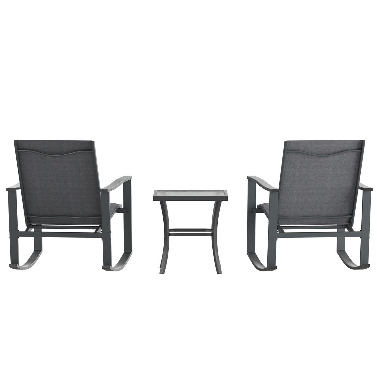 Black |#| 3 Piece All-Weather Rocking Chairs and Glass Top Table Bistro Set - Black/Black