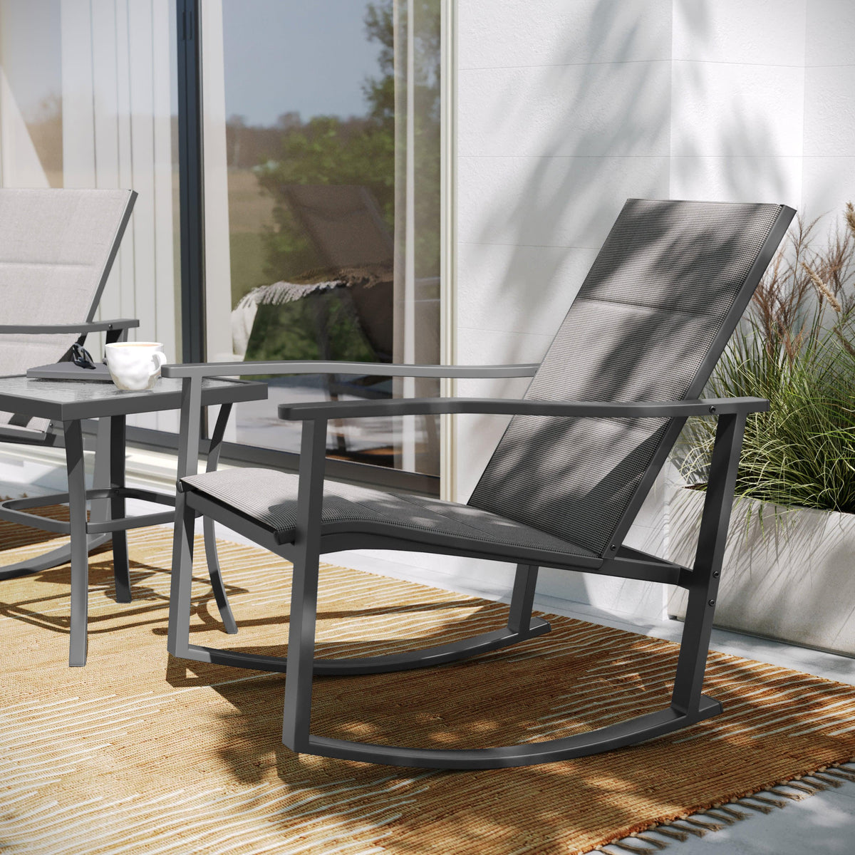 Gray |#| 3 Piece All-Weather Rocking Chairs and Glass Top Table Bistro Set - Gray/Black