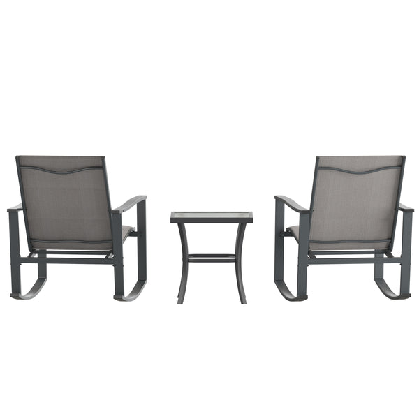 Gray |#| 3 Piece All-Weather Rocking Chairs and Glass Top Table Bistro Set - Gray/Black