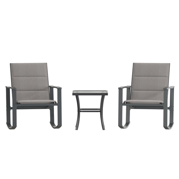 Gray |#| 3 Piece All-Weather Rocking Chairs and Glass Top Table Bistro Set - Gray/Black