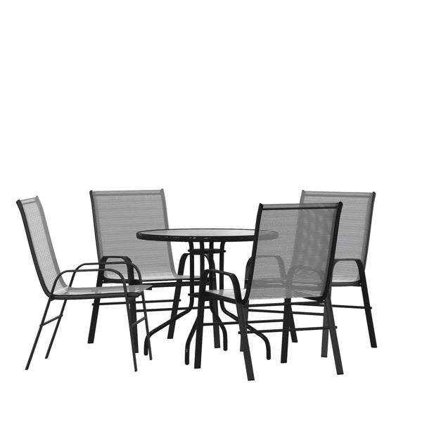 Gray |#| 5 Piece Patio Dining Set - 31.5inch Round Glass Table, 4 Gray Flex Stack Chairs