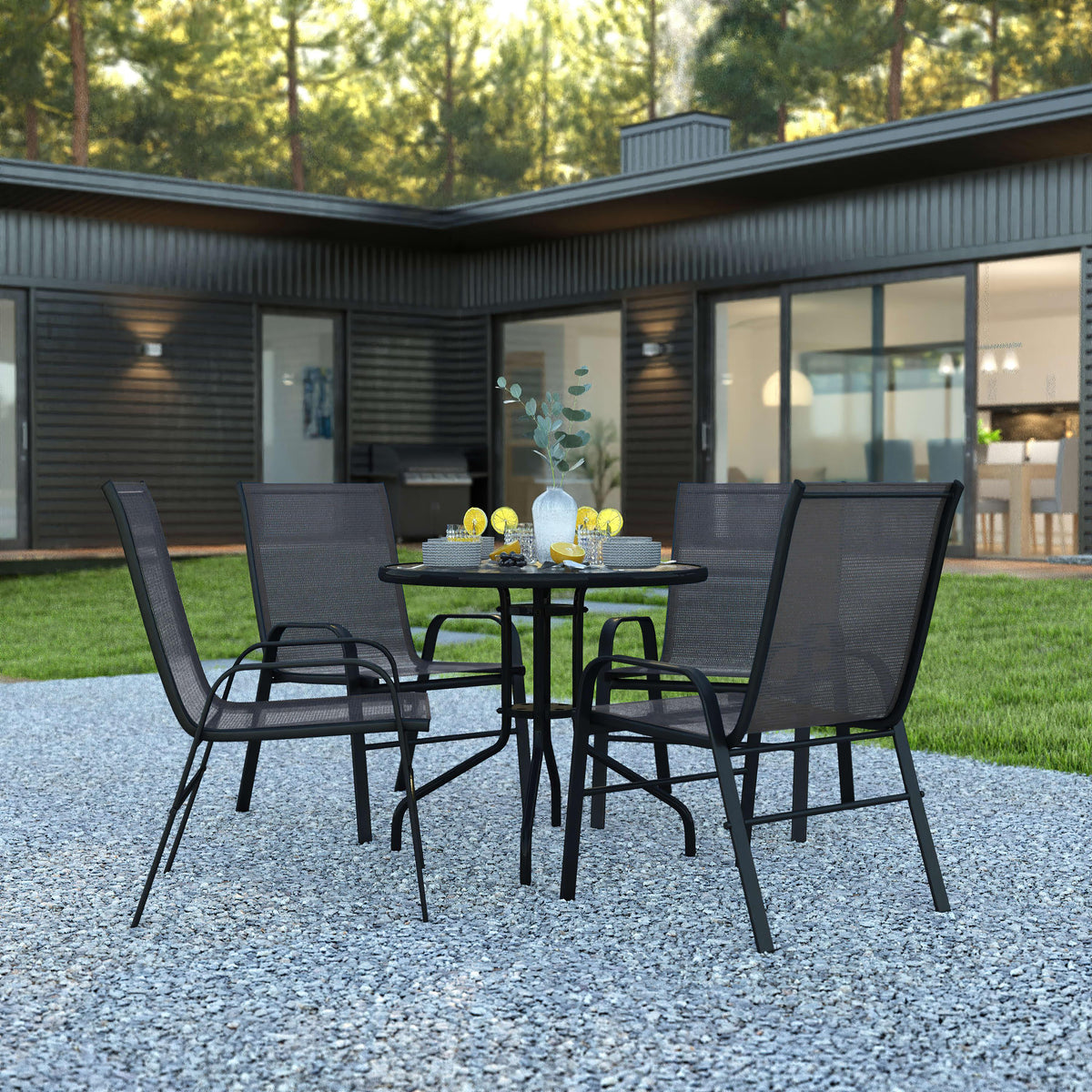 Black |#| 5 Piece Patio Dining Set - 31.5inch Round Glass Table, 4 Black Flex Stack Chairs