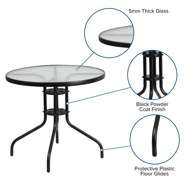 Black |#| 5 Piece Patio Dining Set - 31.5inch Round Glass Table, 4 Black Flex Stack Chairs