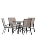 Brown |#| 5 Piece Patio Dining Set - 31.5inch Round Glass Table, 4 Brown Flex Stack Chairs