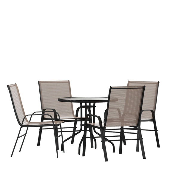 Brown |#| 5 Piece Patio Dining Set - 31.5inch Round Glass Table, 4 Brown Flex Stack Chairs