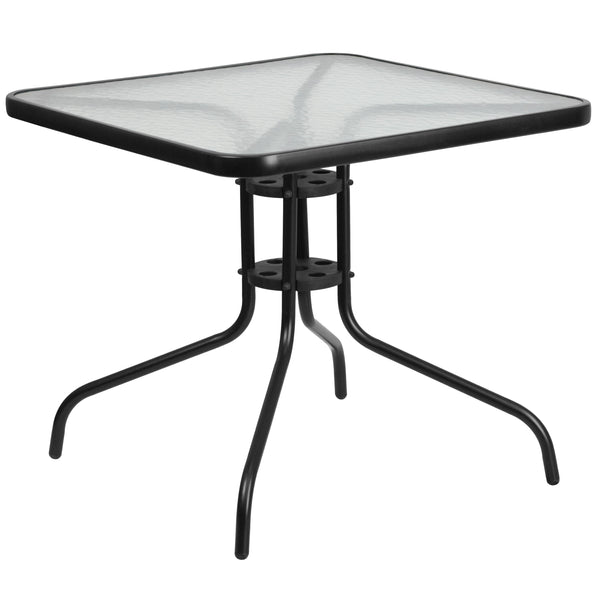 Brown |#| 5 Piece Patio Dining Set - 31.5inch Square Glass Table, 4 Brown Flex Stack Chairs