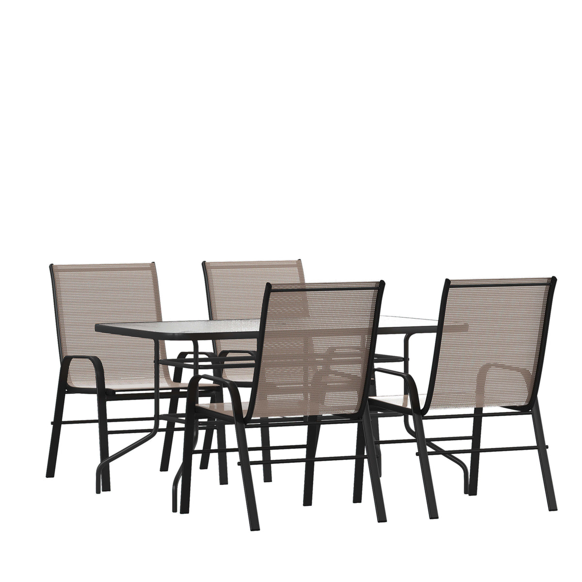Brown |#| 5 Piece Patio Dining Set - 55inch Glass Patio Table, 4 Brown Flex Stack Chairs