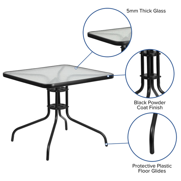 Black |#| 5 Piece Patio Dining Set - 31.5inch Square Glass Table, 4 Black Flex Stack Chairs