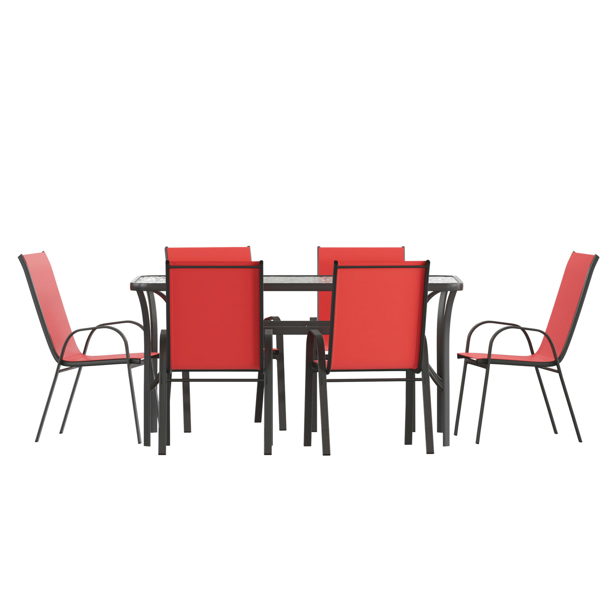 Red |#| Commercial 7 Pc Outdoor Patio Dining Set with Glass Table and 6 Chairs - Red