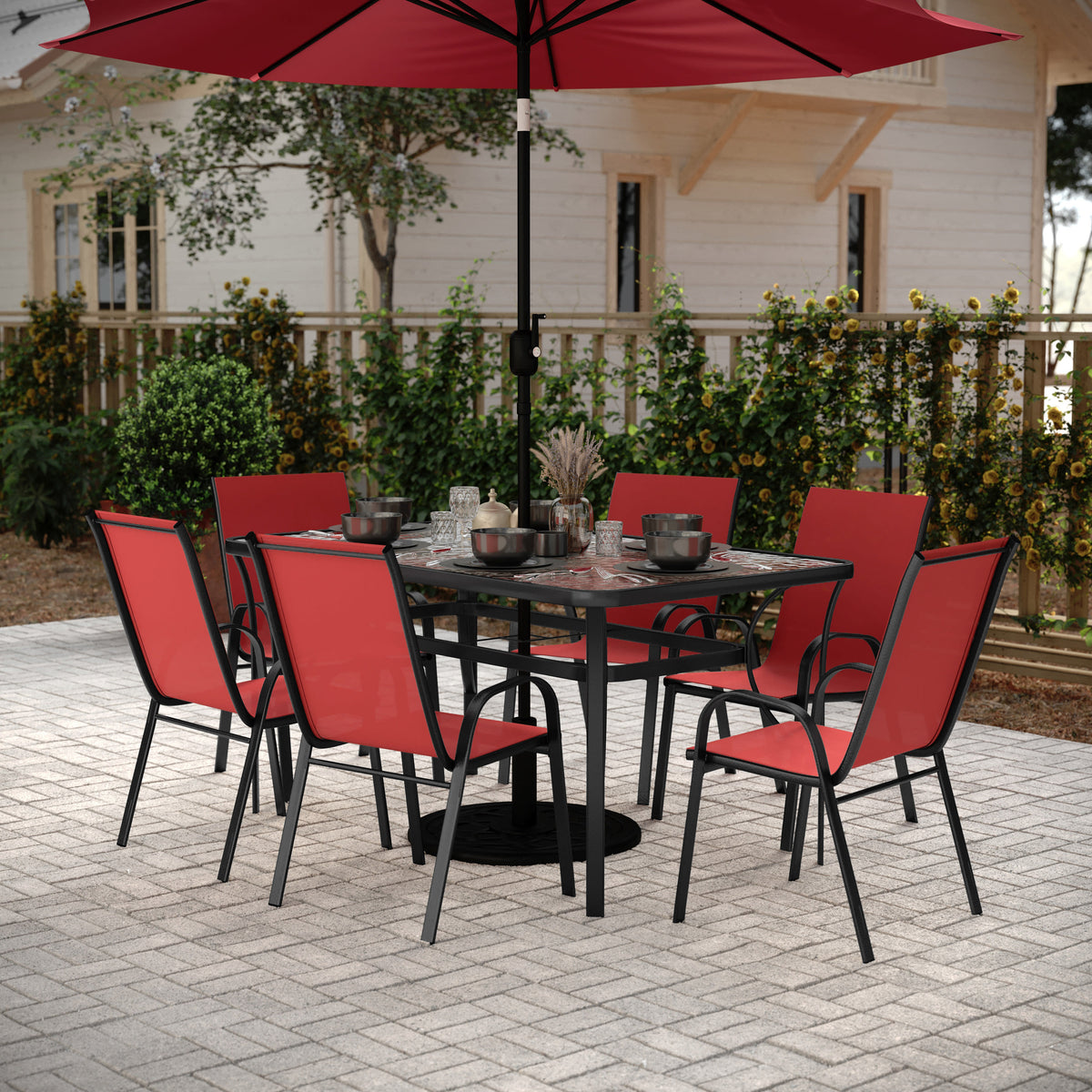 Red |#| Commercial 7 Pc Outdoor Patio Dining Set with Glass Table and 6 Chairs - Red