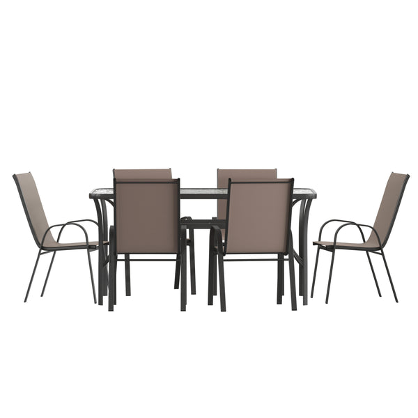 Brown |#| Commercial 7 Pc Outdoor Patio Dining Set with Glass Table and 6 Chairs - Brown