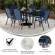 Navy |#| Commercial 7 Pc Outdoor Patio Dining Set with Glass Table and 6 Chairs - Navy