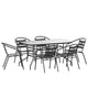 7 Piece Patio Dining Set - 55inch Glass Patio Table, 6 Black Aluminum Stack Chairs