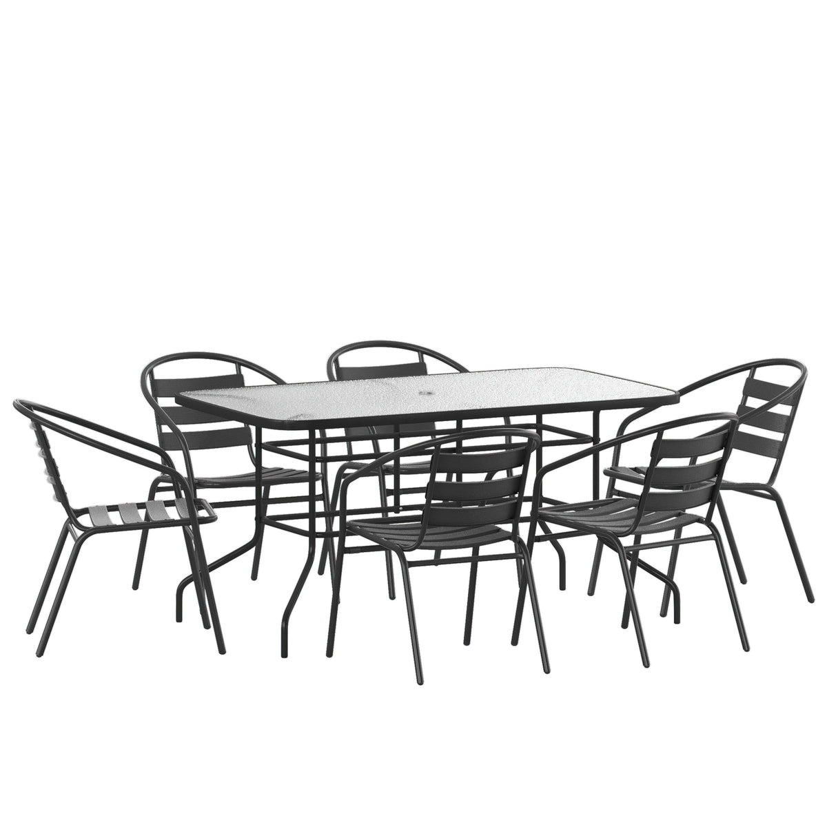 7 Piece Patio Dining Set - 55inch Glass Patio Table, 6 Black Aluminum Stack Chairs