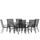 Black |#| 7 Piece Patio Dining Set - 55inch Glass Patio Table, 6 Black Flex Stack Chairs