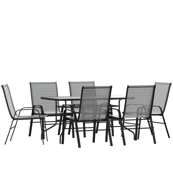 Gray |#| 7 Piece Patio Dining Set - 55inch Glass Patio Table, 6 Gray Flex Stack Chairs