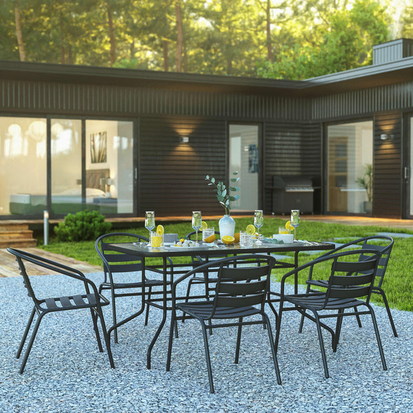 7 Piece Patio Dining Set - 55inch Glass Patio Table, 6 Black Aluminum Stack Chairs