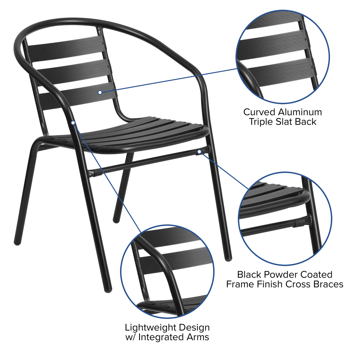 7 Piece Patio Dining Set - 55inch Glass Patio Table, 6 Black Aluminum Stack Chairs