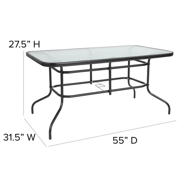 7 Piece Patio Dining Set - 55inch Glass Patio Table, 6 Black Aluminum Stack Chairs