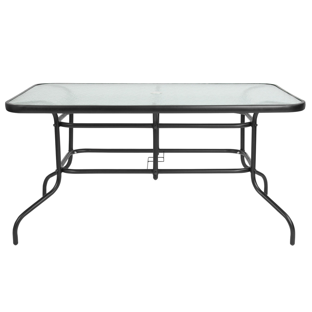 7 Piece Patio Dining Set - 55inch Glass Patio Table, 6 Black Aluminum Stack Chairs
