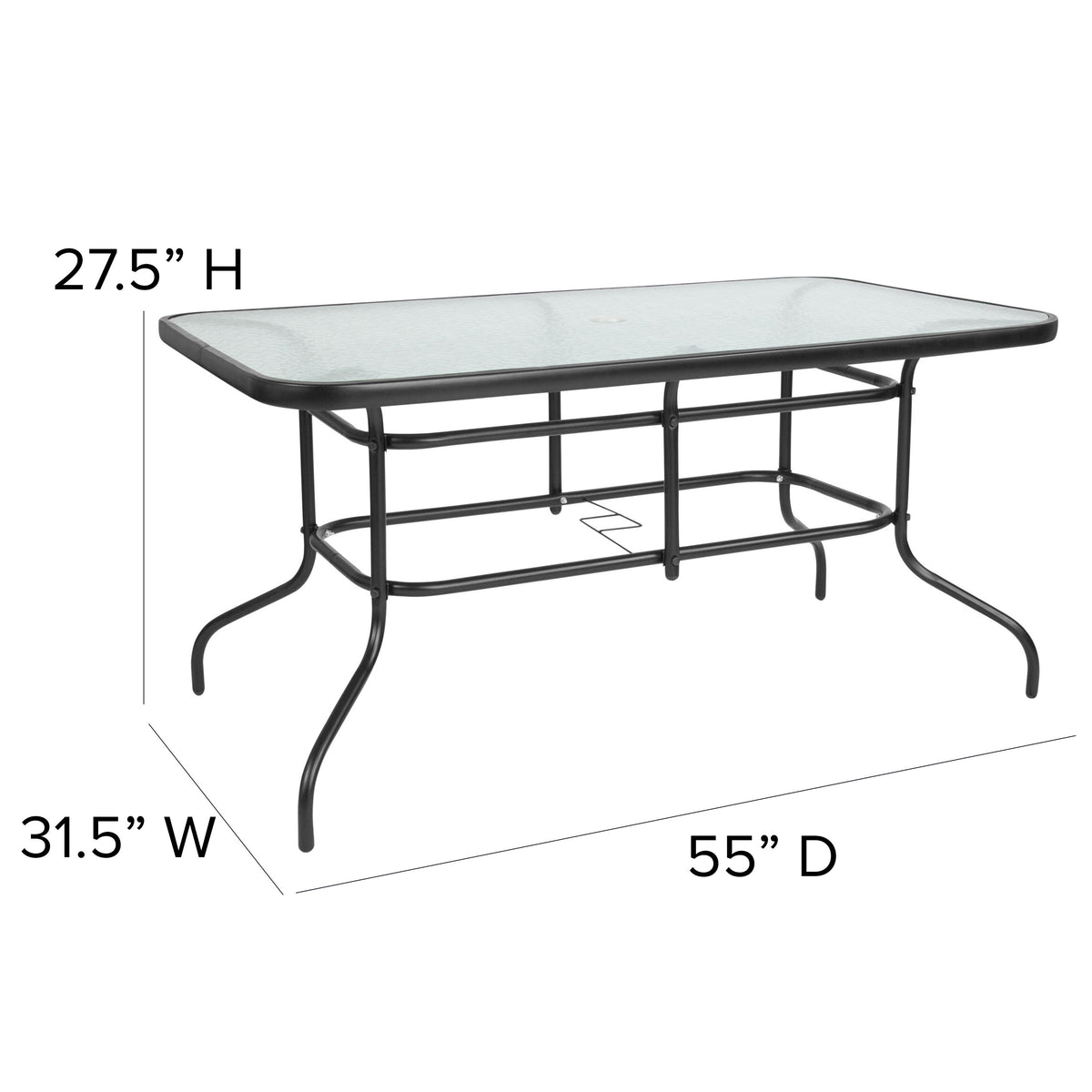 Brown |#| 7 Piece Patio Dining Set - 55" Glass Patio Table, 6 Brown Flex Stack Chairs