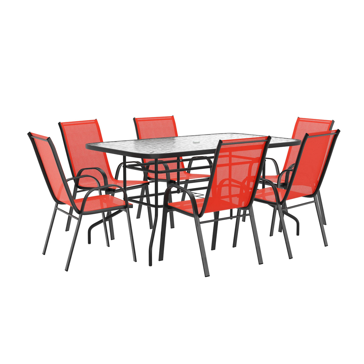 Red |#| 7 Piece Patio Dining Set - 55" Glass Patio Table, 6 Red Flex Stack Chairs