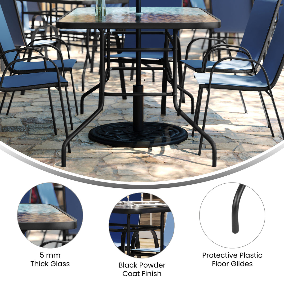 Navy |#| 7 Piece Patio Dining Set - 55" Glass Patio Table, 6 Navy Flex Stack Chairs
