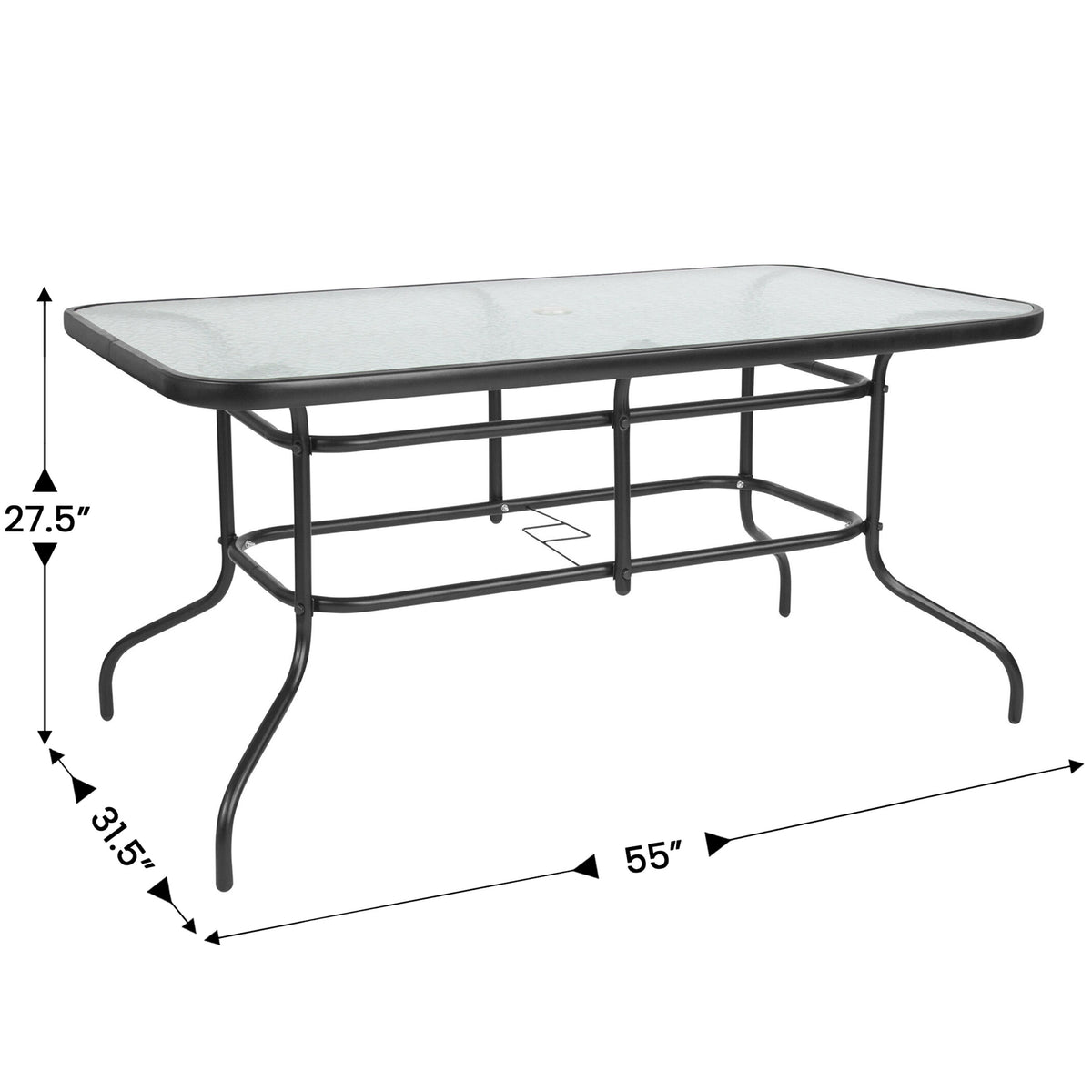 Navy |#| 7 Piece Patio Dining Set - 55" Glass Patio Table, 6 Navy Flex Stack Chairs