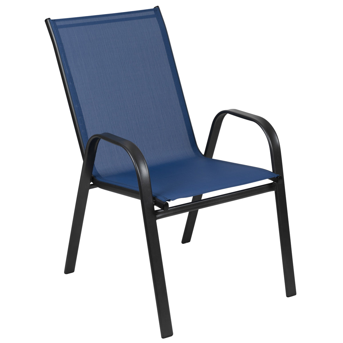 Navy |#| 7 Piece Patio Dining Set - 55" Glass Patio Table, 6 Navy Flex Stack Chairs