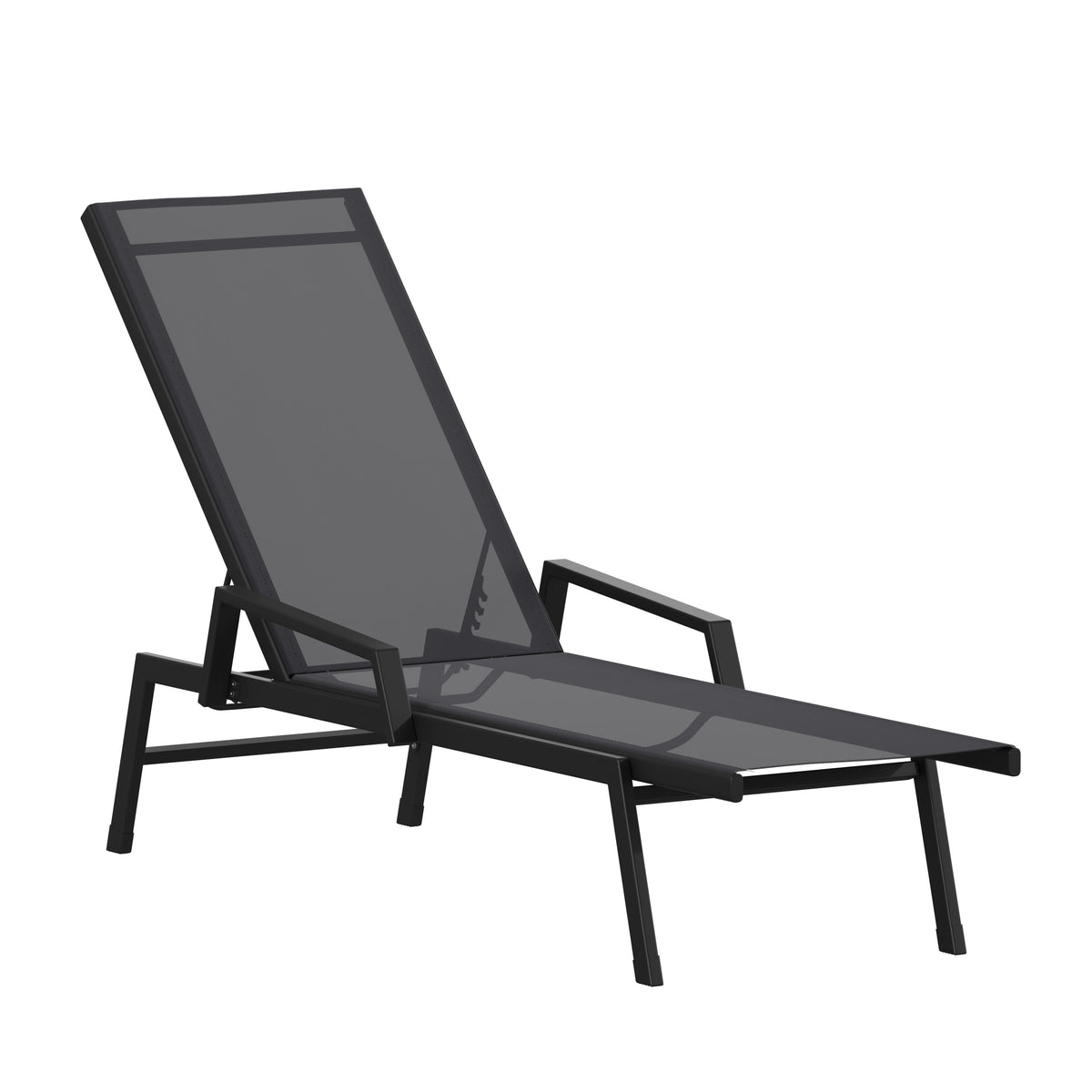 Black/Black |#| All-Weather Textilene Adjustable Chaise Lounge Chair with Arms - Black/Black