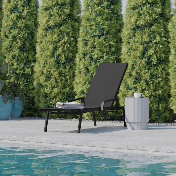 Black/Black |#| All-Weather Textilene Adjustable Chaise Lounge Chair with Arms - Black/Black