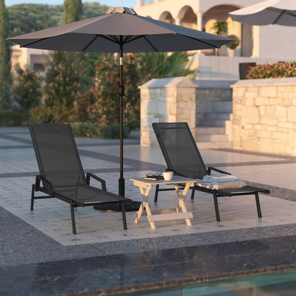 Black/Black |#| All-Weather Textilene Adjustable Chaise Lounge Chair with Arms - Black/Black